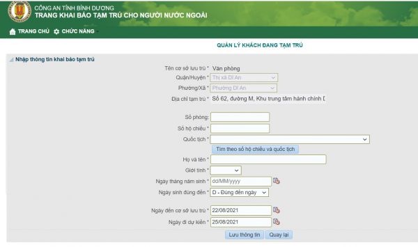 Mẫu khai báo tạm trú cho người nước ngoài