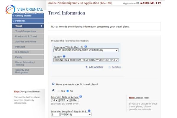 Điền đầy đủ và chi tiết các thông tin về mục đích đến Mỹ