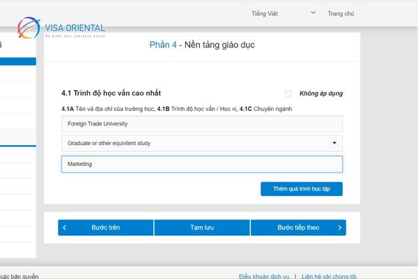 Phần 4 điền thông tin về trường bạn đã theo học