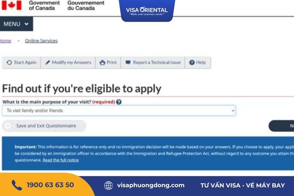 Chọn mục đích đi Canada