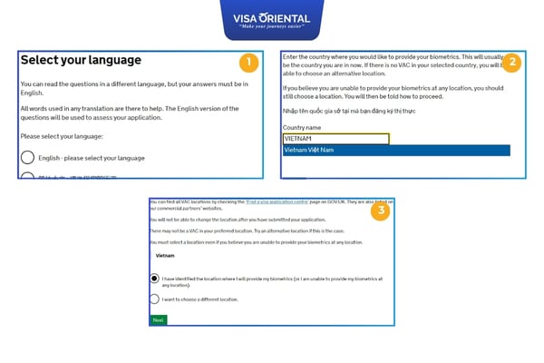 Chọn ngôn ngữ và quốc gia đăng ký xin visa Anh