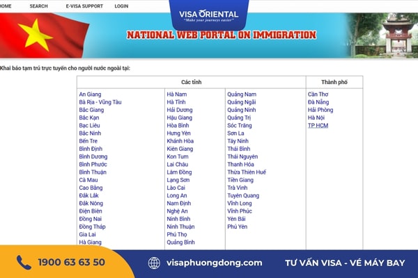 Chọn tỉnh thành cần đăng ký tạm trú cho người nước ngoài