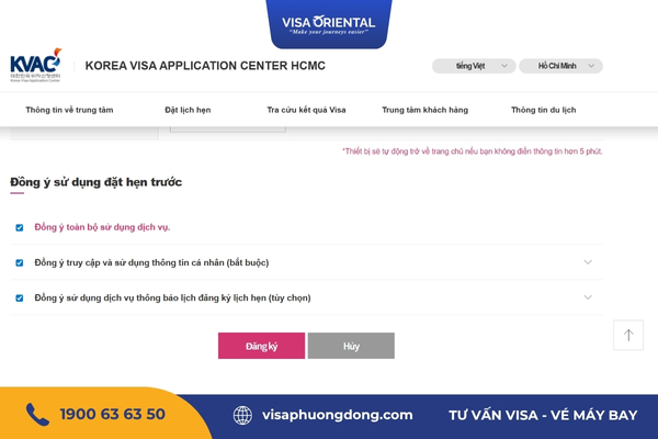 Đăng ký lịch hẹn tại trung tâm visa Hàn Quốc