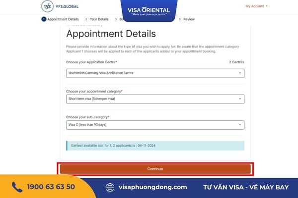 Quý khách chọn các thông tin đặt lịch hẹn visa Đức phù hợp và nhấn “Continue”
