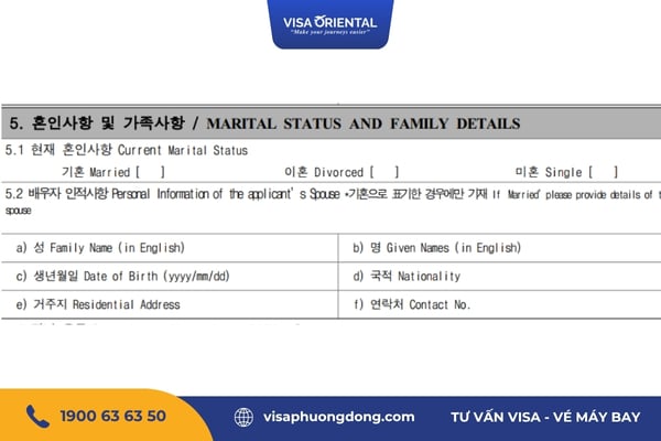 Điền tình trạng hôn nhân vào form xin Hàn Quốc