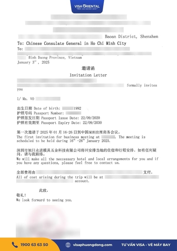 Thư mời xin visa công tác Trung Quốc