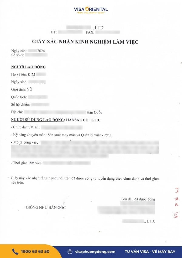 Mẫu xác nhận kinh nghiệm làm việc