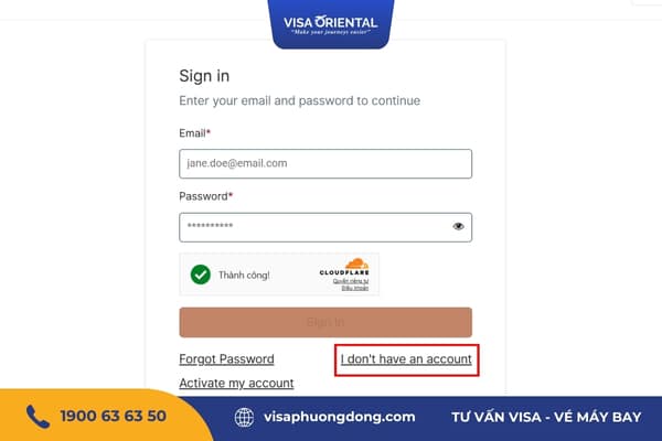 Chọn "I don't have an account" để bắt đầu tạo tài khoản VFS