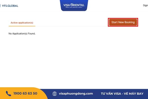 Chọn "Start New Booking" để tiến hành đặt lịch hẹn